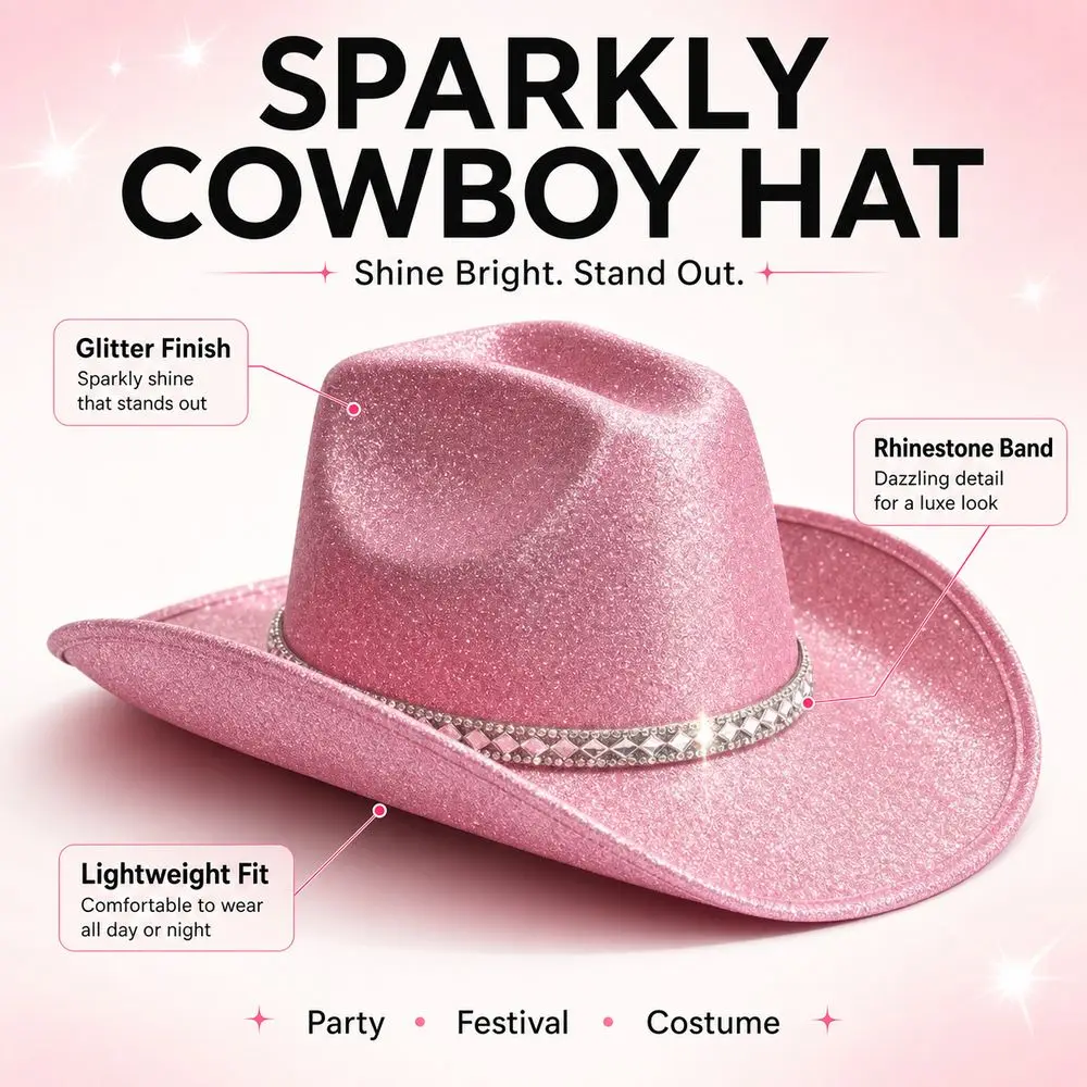 Sparkling Glitter Fabric Glitter Cowboy Hat Rhinestone Band Structured Fit Sparkly Cowboy Hat Wide Curved Brim Lightweight