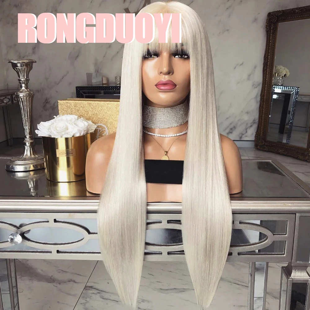 RONGDUOYI Platinum Straight Hair with Bangs Synthetic Lace Front Wig #60 Blonde Silk Straight Heat Resistant Cosplay Makeup Wigs