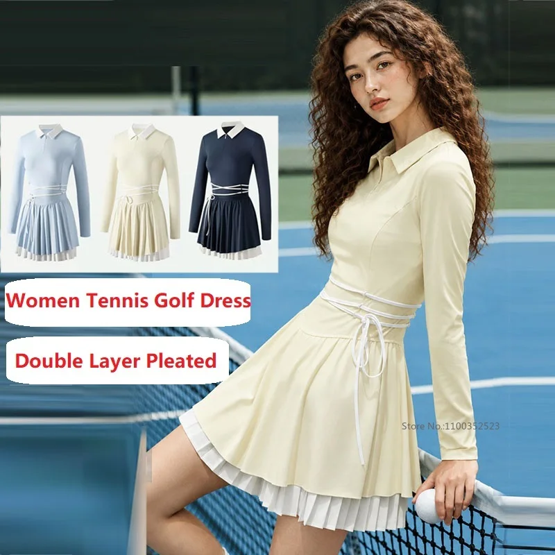New Zipper Polo Collar Tennis Golf Dress Women Long Sleeve Double Layer Pleated Pickleball Dress Lace Up Fitness Sports Skirt