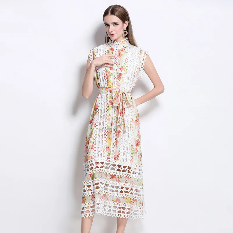 Ele Hollow Out Lace A-lijn Rok Stand Kraag Afslanken Zomer Hof Sle Dames Dr Faionable Chinese Thi Stof