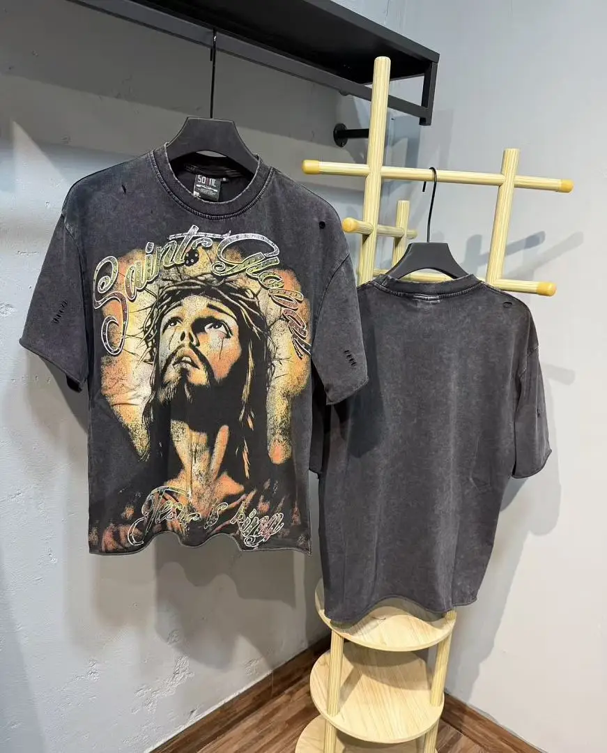 Oversized Distressed Washed Saint Global Jesus Print T Shirt Men Hip Hop Rhinestone Script Religious Vintage Short Sleeve Tees
