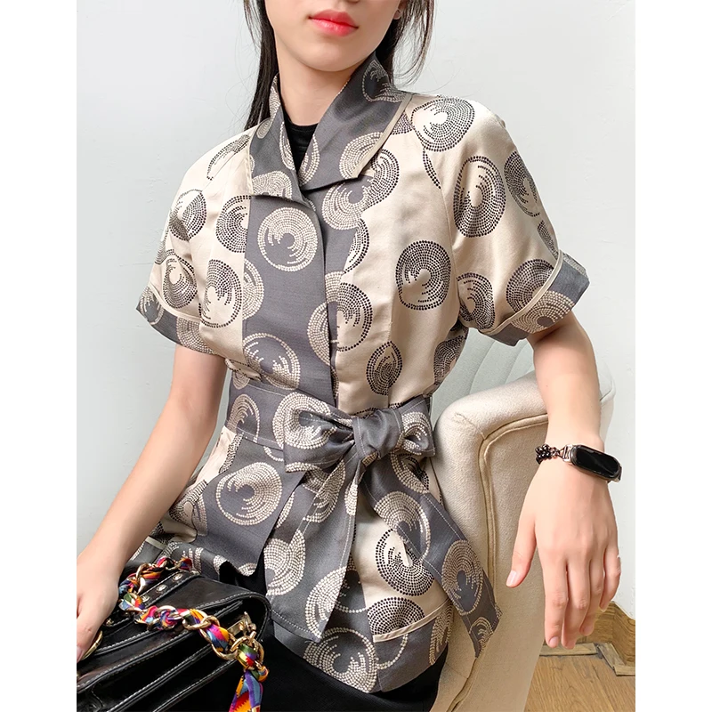 

Ele Retro Court Sle Silk ort Sve irt Jaet Женская летняя верхняя одежда с поясом для поездок на работу Sle Slim Fit из полиэфирного волокна