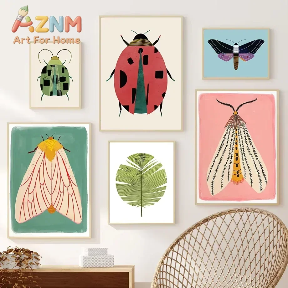 Multiple sizes 1pc frameless Large size Canvas Painting,Butterfly Wall Art Ladybug Tiger Moth Beetle Feather Canvas Painting Nor