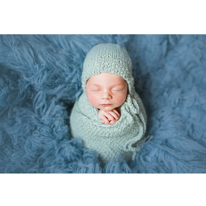 Conjunto de gorro de lana tejido a mano para fotografía de recién nacido, accesorios para sesión de fotos de bebé, mantas, alfombrilla de fondo Flokati