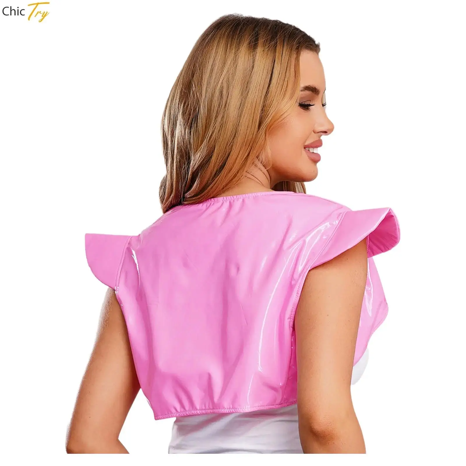

Womens Patent Leather Cap Sleeves Latex Shrug Top Asymmetrical Hem Shoulder Nightclub Armor Vest Halloween Theme Party Costume