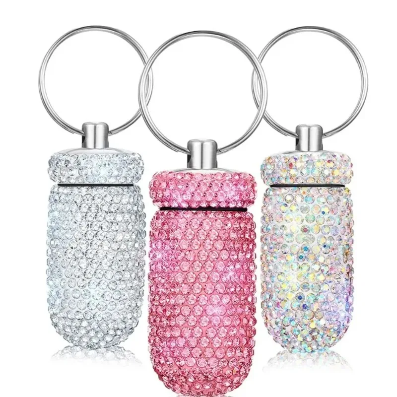 

Bling Rhineston Pill Container Portable Pill Bottle Case Waterproof Travel Medicine Box Beautiful Holder Storage with Keychain