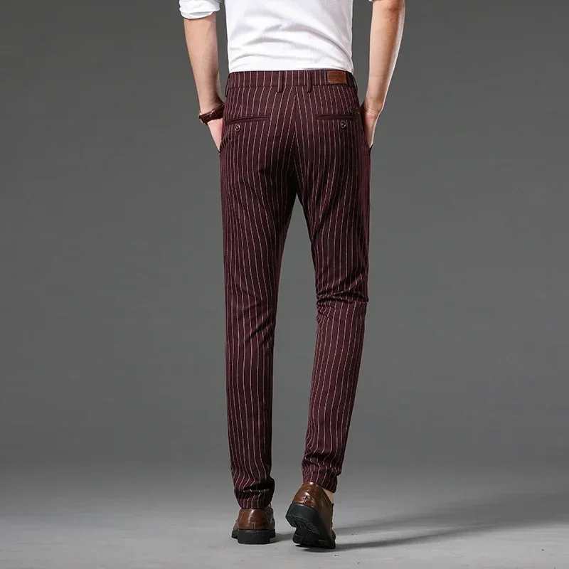 Pantalones a rayas de otoño para hombre, pantalón Formal de negocios, rojo, gris, azul, negro, ajustado, sin hierro, traje de lujo para oficina,