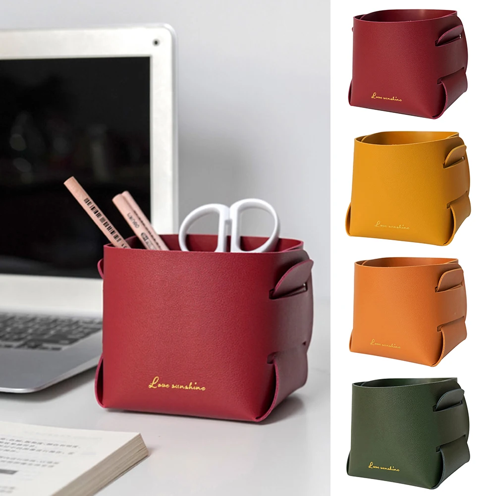 

Desktop Organizer Pen Holder Creative Desktop Foldable Storage Box Pencil Organizer School Simple Leather Storage