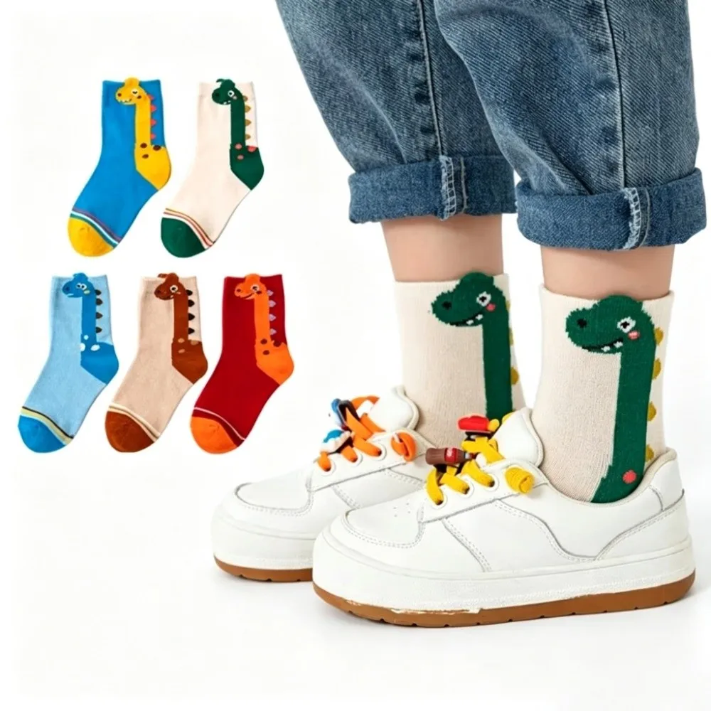 Colorful 5 Pairs Pack Socks Soft Fabric Breathable Children Sports Socks Cotton Blend Dinosaur Socks For Boys