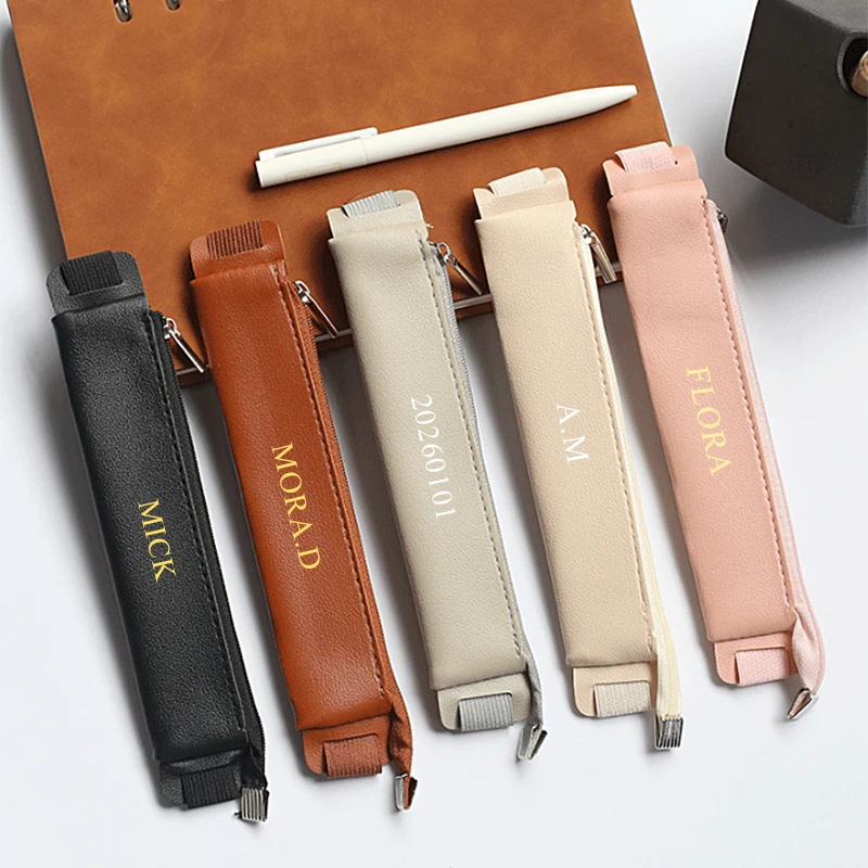 Custom Letters PU Leather Pen Pouch With Strap Engrave Name Business Office Student Pen Bag Zip Wholesale Creative Student Gift