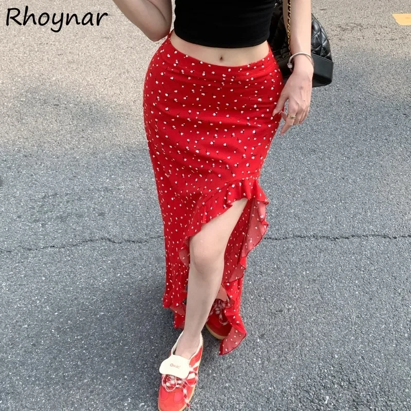 

Side-slit Skirts Women Summer Hotsweet Ladies Irregular Ruffles Hip-covering High Waist Floral Designed Korean Fashion Casual