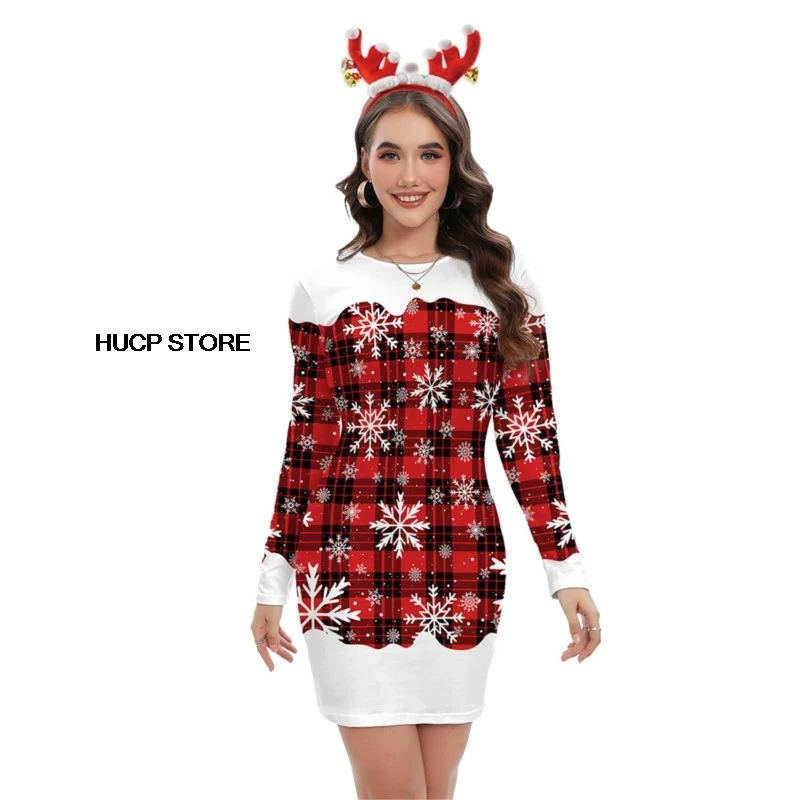 New Christmas dress autumn Long Sleeved Snowflake checkered sexy bag skirt printed Xmas Cosplay Costume Performance Outfits