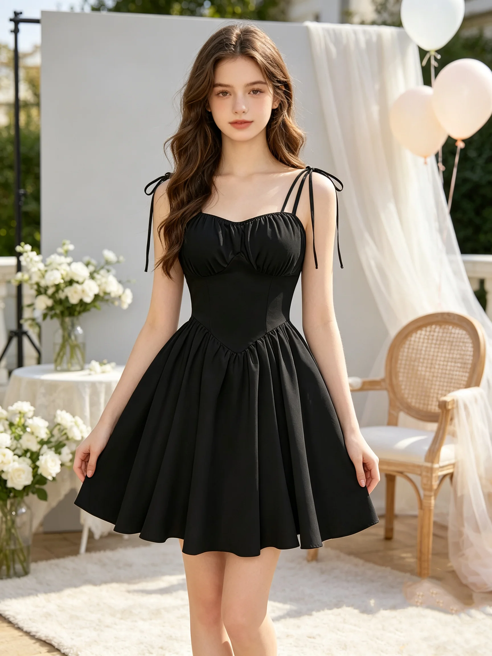 Kids' Fashionable Mid-Length Skirt Casual Elegant Suspender Dress with Tied Rope Waist Chest Wrapped Design for Children