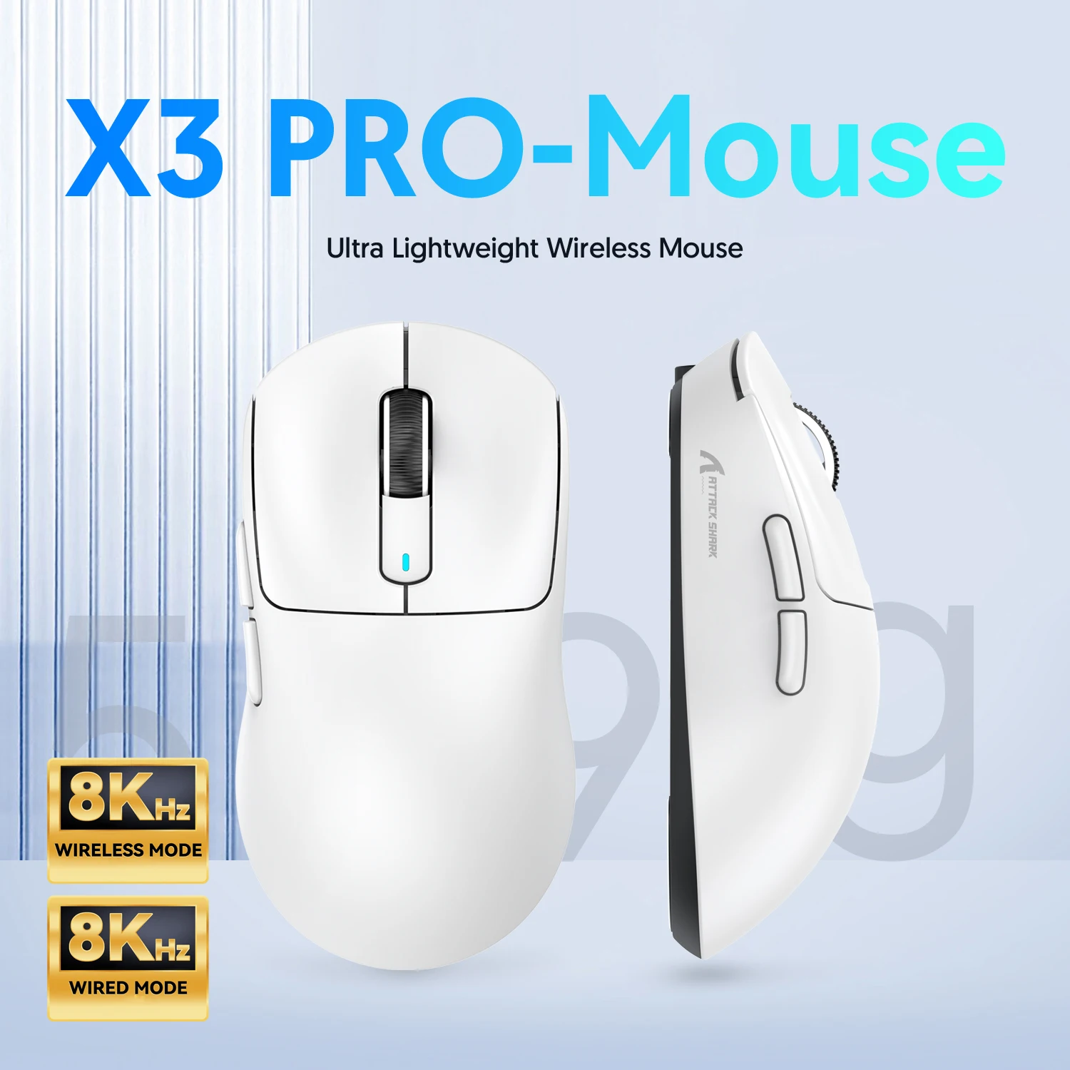 ATTACK SHARK X3 PRO 8K Mouse Wireless 8000Hz  PAW3395 Sensor 59g Lightweight Tri Mode 2.4G BT5.2 Wired 26000DPI 68H Battery