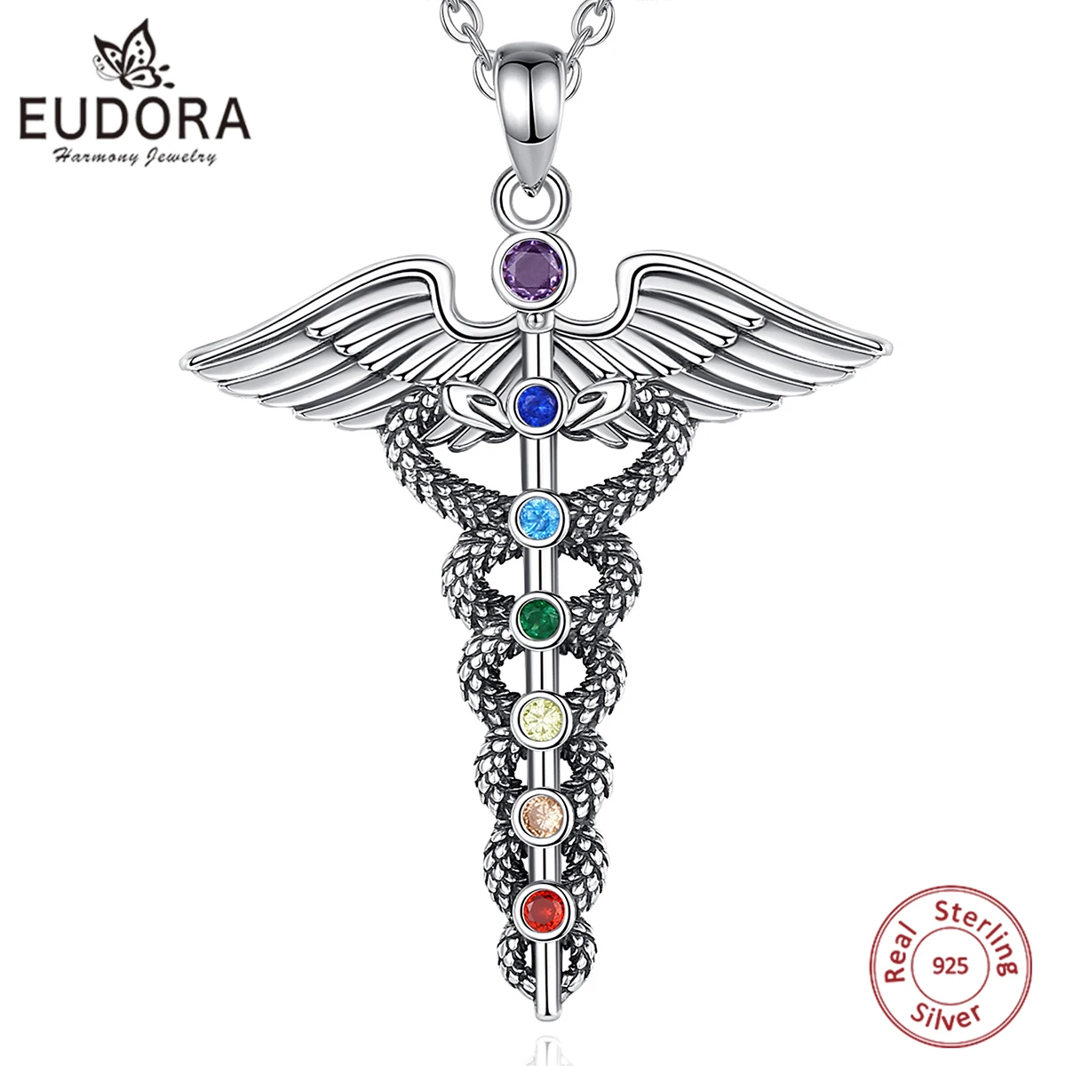 Eudora 925 Sterling Silver Caduceus Necklace for Men Women Double Snake Wing 7 chakras Pendant Medical Symbol Jewelry Fine Gift