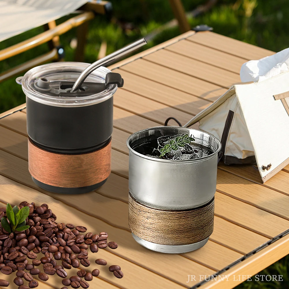 300ML Stainless Steel Cup For Coffee Iced Coffee Cup With Straw Lid Portable Tea Beer Mug For Outdoor Travel Camping Drinkware