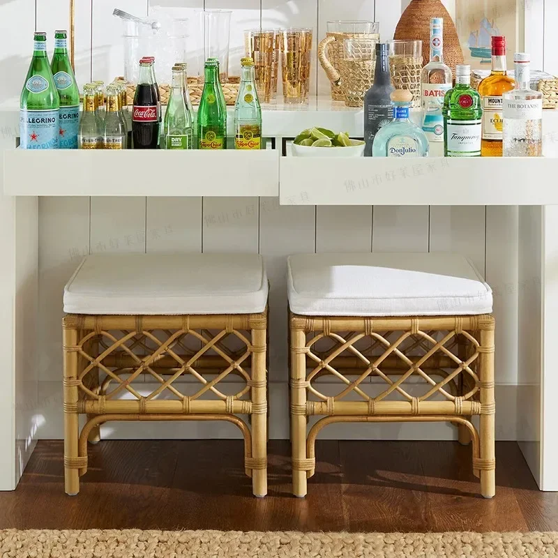 حذاء تزيين من الخشب الصلب المربع الصغير من الروطان الحقيقي، تغيير مدخل الإقامة المنزلية، مقعد منخفض #3