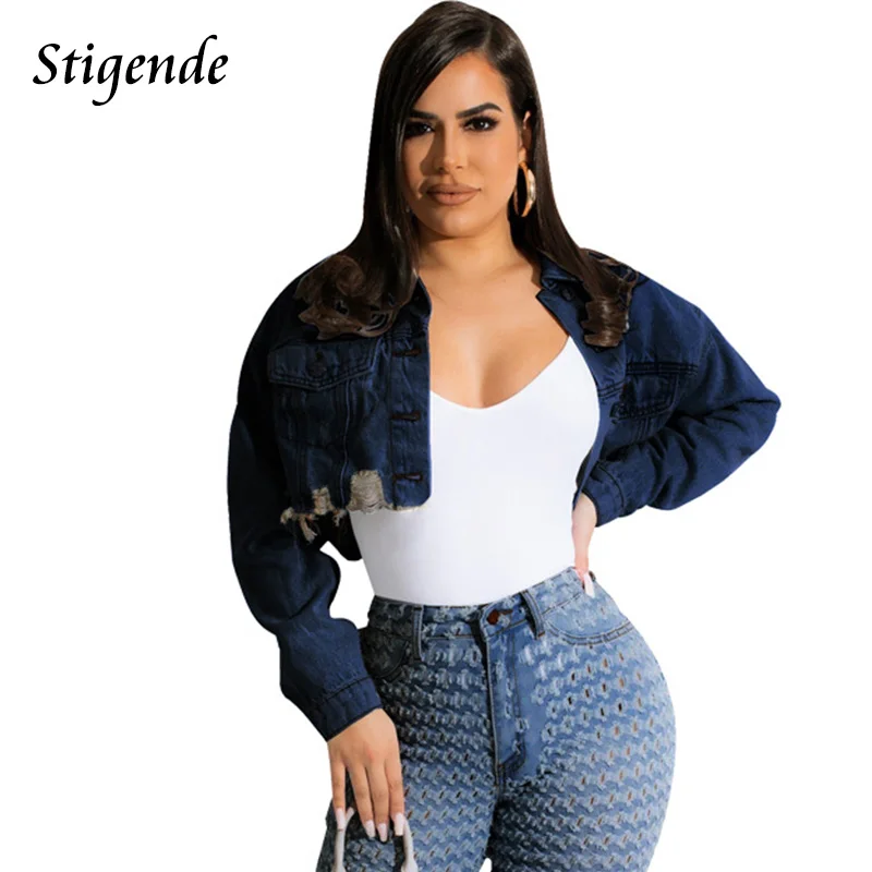 Stigende Women Single Breasted Shredded Jeans Short Coat Ripped Crop Denim Jacket Long Sleeve Turn Down Collar Button Tops