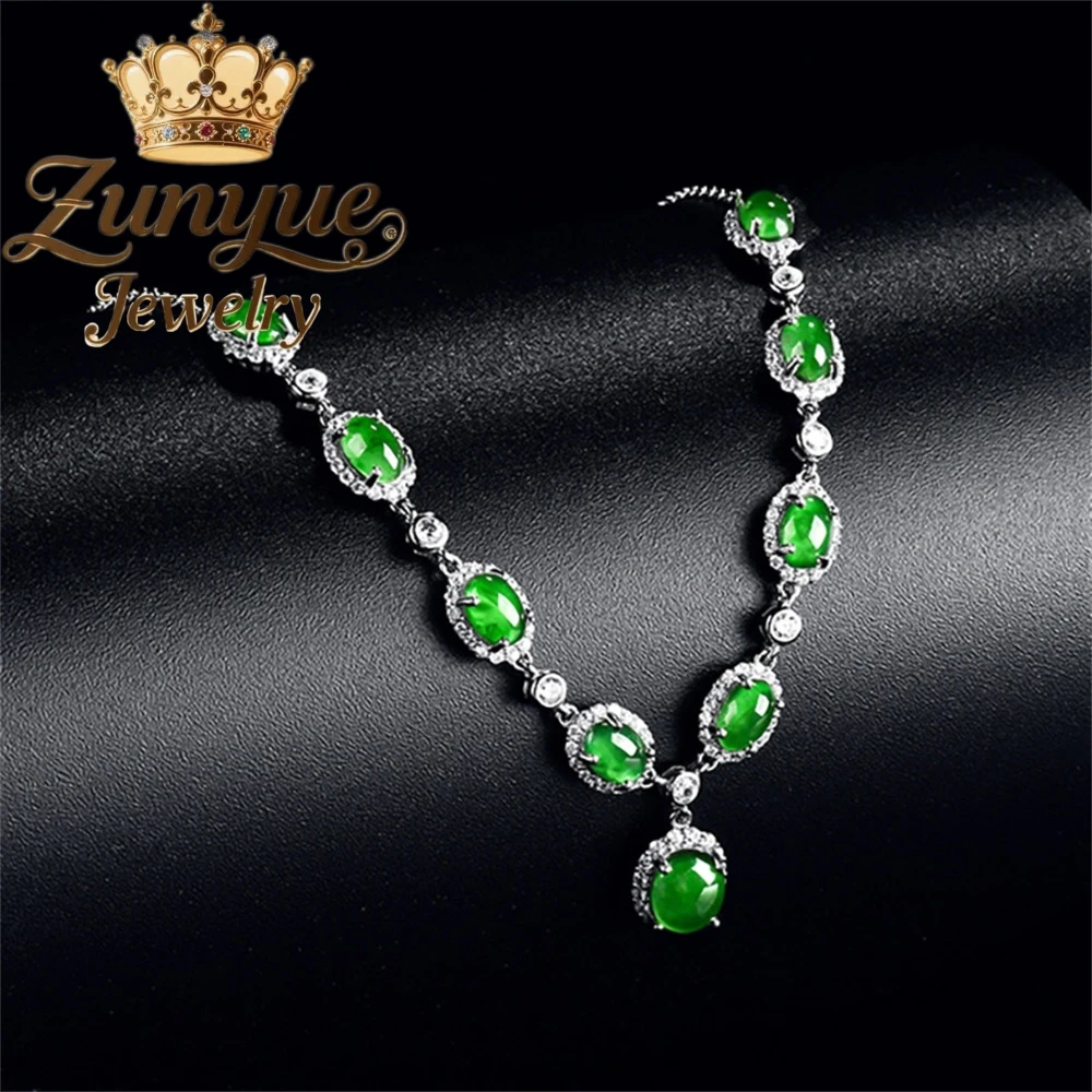 

High-End Natural A-Grade Jade Egg Surface Pendant S925 Silver Inlaid Ice-Type Jadeite Women's Fashionable Pendant Set Chain