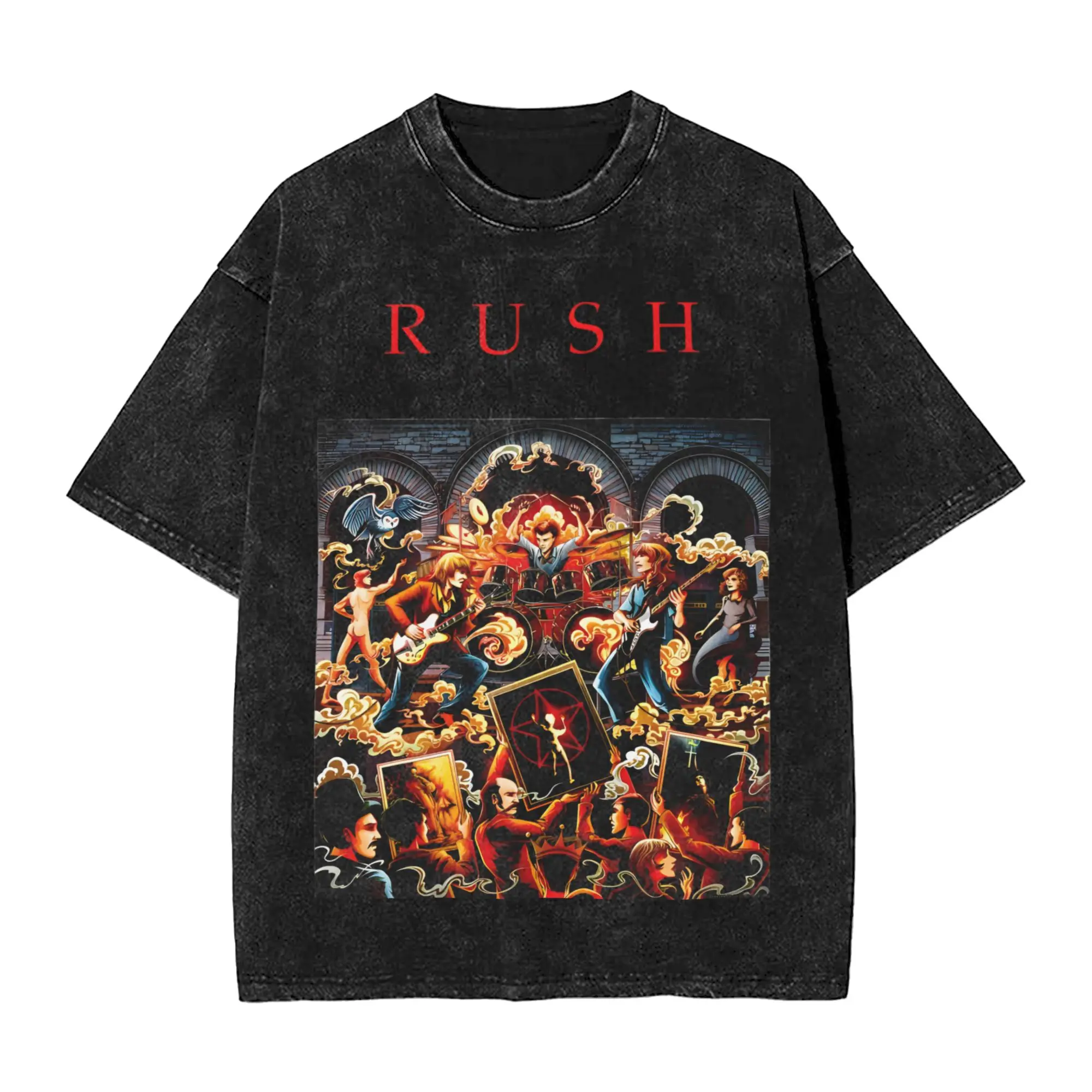 تي شيرت Creative Rush Rock Band للرجال بياقة دائرية من القطن المغسول بأكمام قصيرة تي شيرت ملابس جرافيك #1