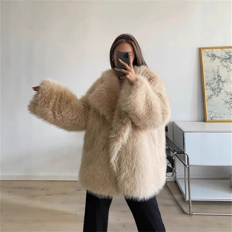 

European American Autumn Winter New Lapel Fur Coats for Women Artificial Fur Jackets Loose Korean-style Mid-length Outerwear 25