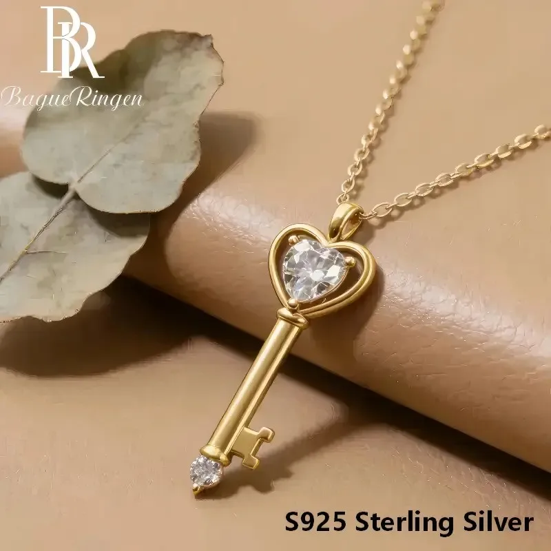 Heart Key Necklace S925 Sterling Silver Heart Shaped Pendant Clavicle Chain Wedding Anniversary Jewelry Gift for Women
