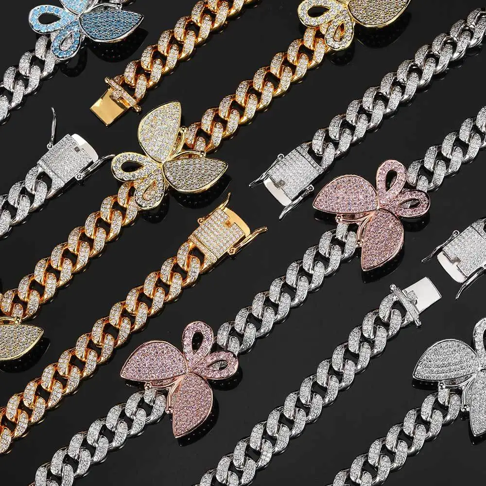 

Wholesale Ice Out Necklace Women Hip Hop Necklace 12mm High Quality Double Row Full Cubic Zirconia Butterfly Cuban Chain Jewelry