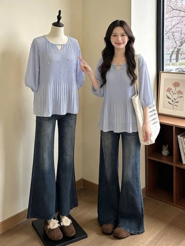 

Blue Bead Embellished Short Sleeve Chiffon Shirt Women's Summer New Style Korean Version Fashionable Casual round Neck Top