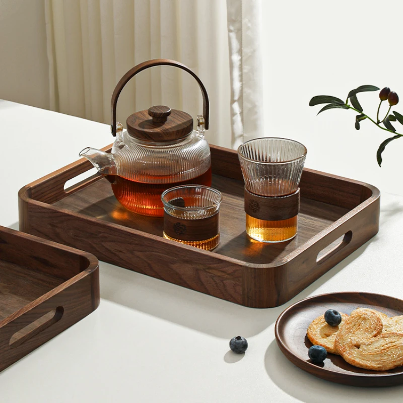 Carrying Handle Walnut Tray Rectangular Wooden Tea Tray Light Luxury High-grade Coffee Plate Solid Wood Cake Snack Tray