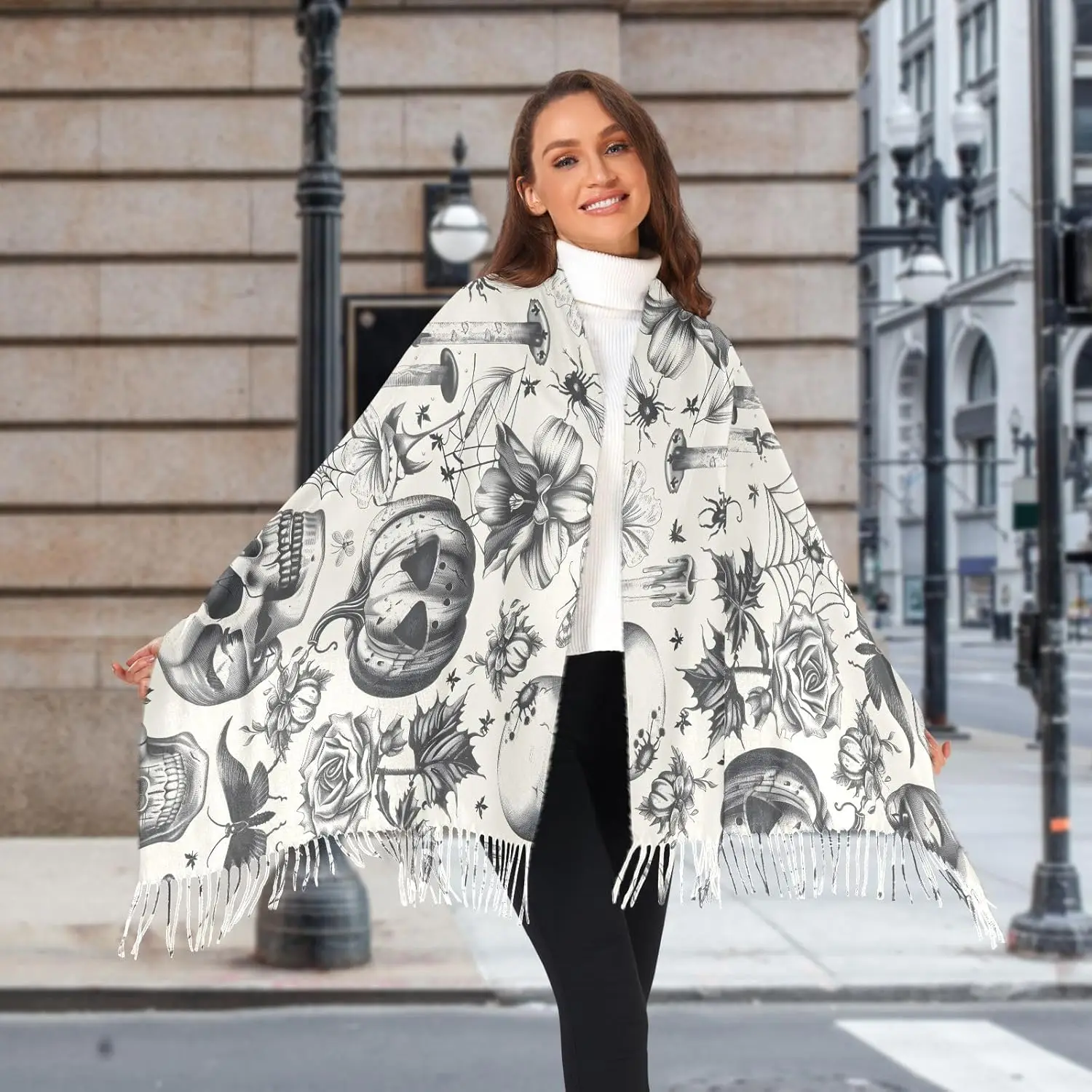 

Winter Scarf Cashmere Feel Pashmina Shawls Wraps Halloween Skull Pumpkin Soft Warm Lightweight with Tassels Fall