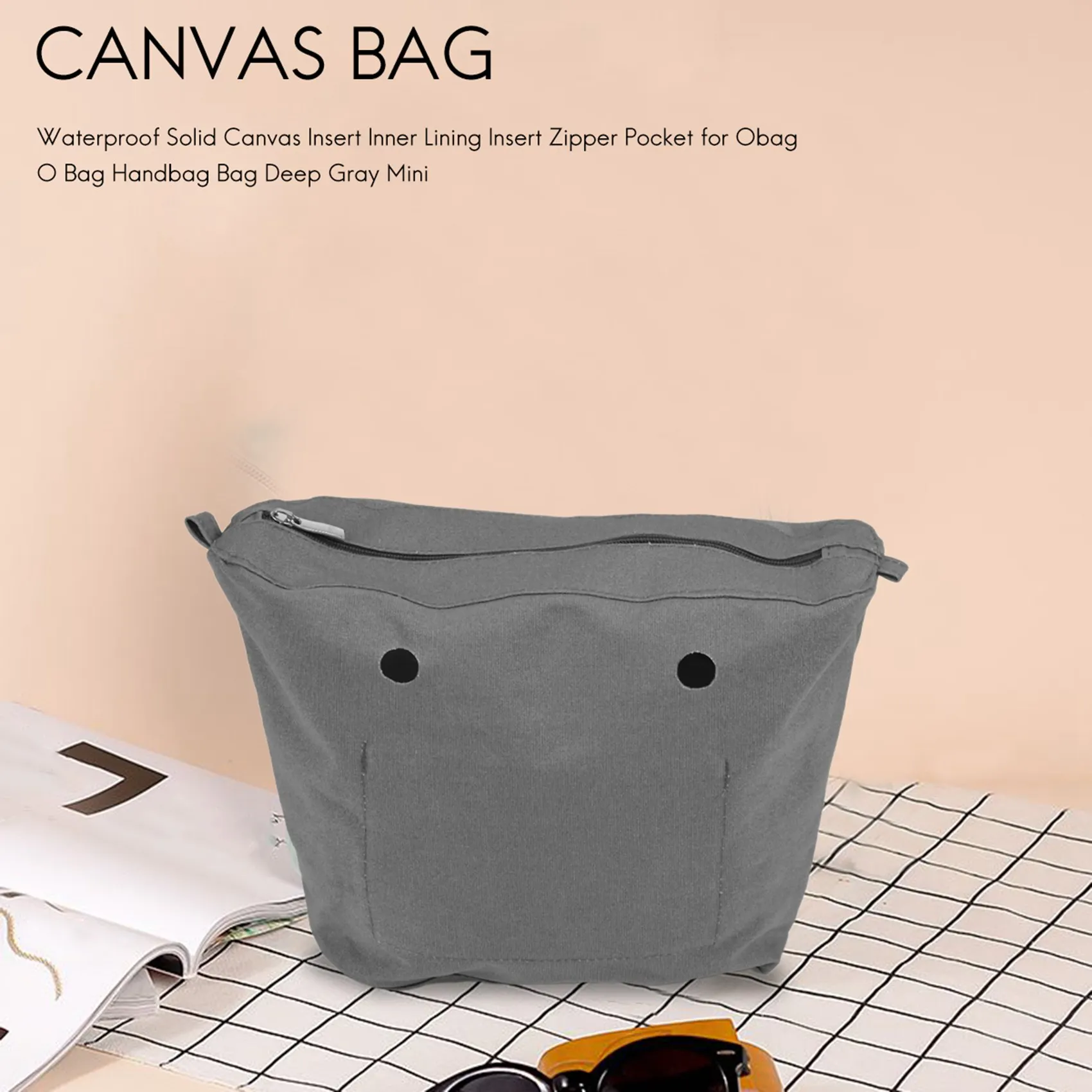 ABQR Waterproof Solid Canvas Insert Inner Lining Insert Zipper Pocket for Obag O Bag Handbag Bag Deep Gray Mini