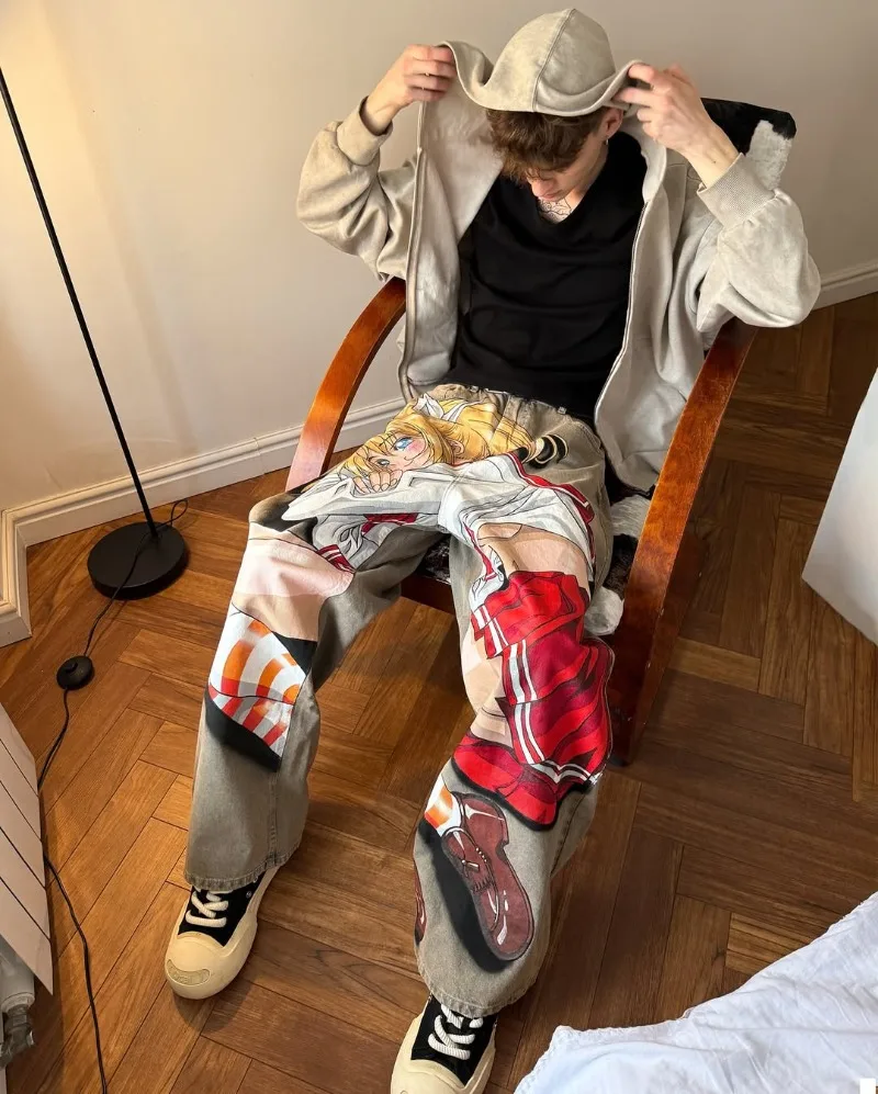 

Harajuku Trendy Brand Hip-hop Washing Jeans Men Y2k Goth Street Retro Animation Printed Oversized Wide-leg Pants Trousers Women