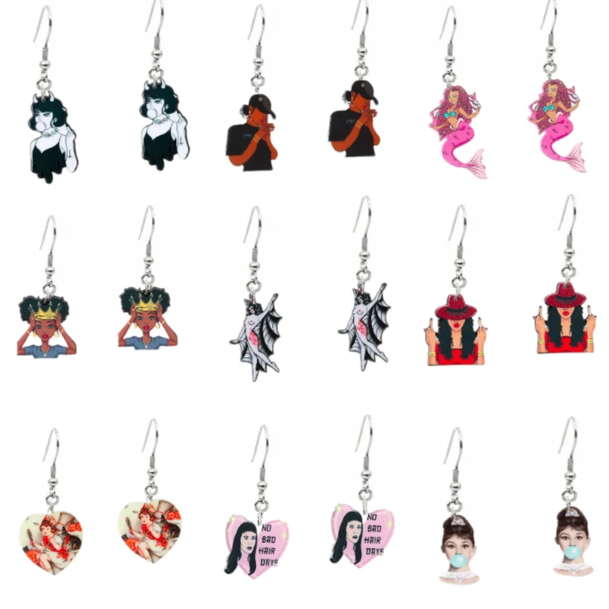 Epoxy Cute Little Girl Killer With Gun Cool Strong Beauty Bat Women Acrylic Charms Drop Earrings For Women Gift