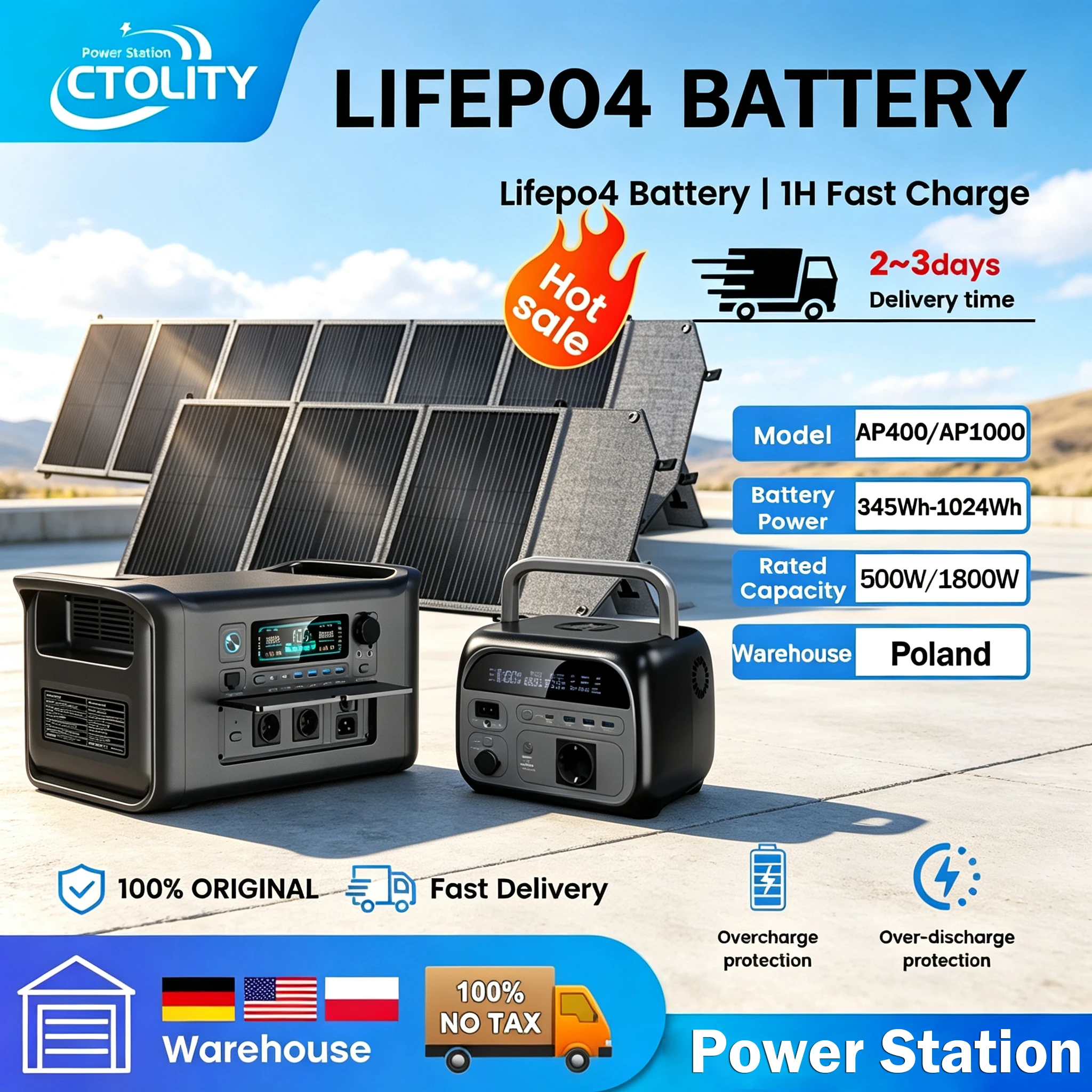 CTOLITY AP400 Stazione di alimentazione da 500W a onda sinusoidale pura, AP1000 Stazione di ricarica solare da 1800W, Batteria LiFePO4 da 345WH 1024Wh, Generatore solare portatile per campeggio,