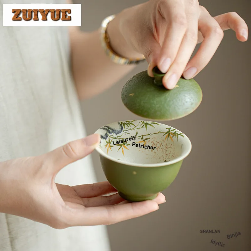 

120 мл ручная роспись золотой бамбуковый гайвань, антикварная чайная варенька, чайная миска с крышкой, комплект для приготовления чая, миска, коллекция принадлежностей для ча