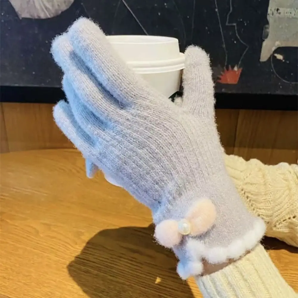 Full Finger Women Winter Warm Gloves Candy Colors Elasticity Touch Screen Knitted Gloves Bow-knot Windproof