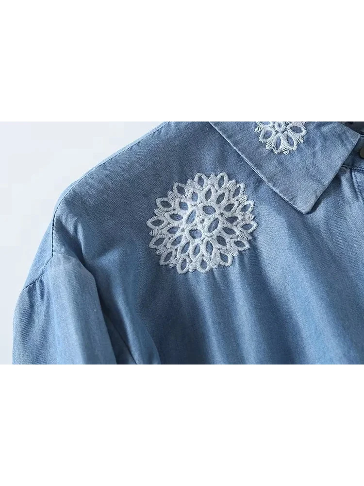 2023 Fall New Cotton Denim Shirt Vintage Embroidered Women\'s Long Sleeve Literary Casual Commute Comfortable Blouse T39524QD