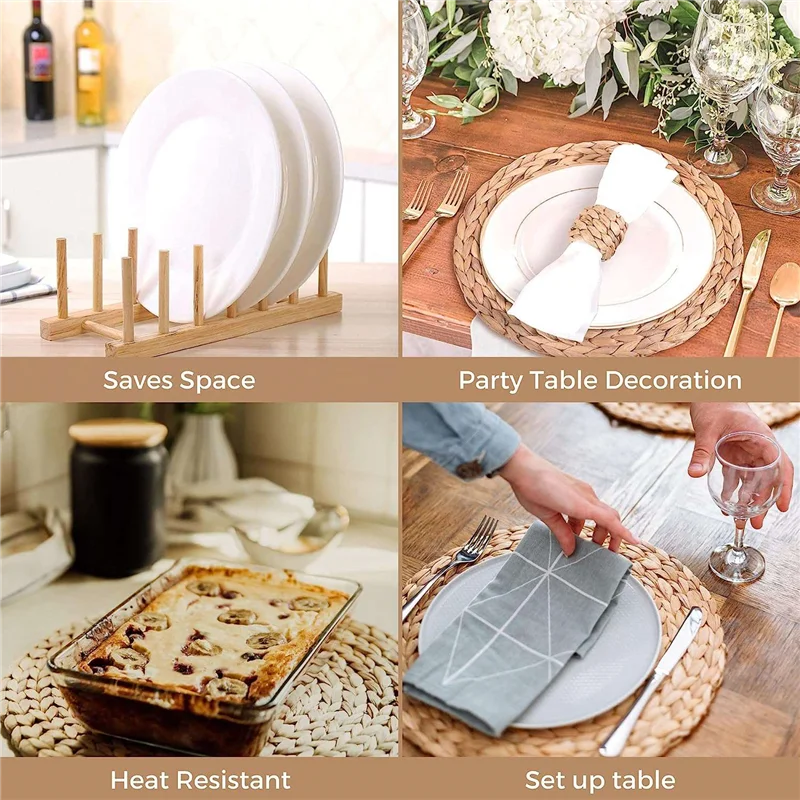 Round Woven Placemats, Natural Water Hyacinth Placemats, Wicker Placemats, Braided Straw Rattan Table Mats 6Pack