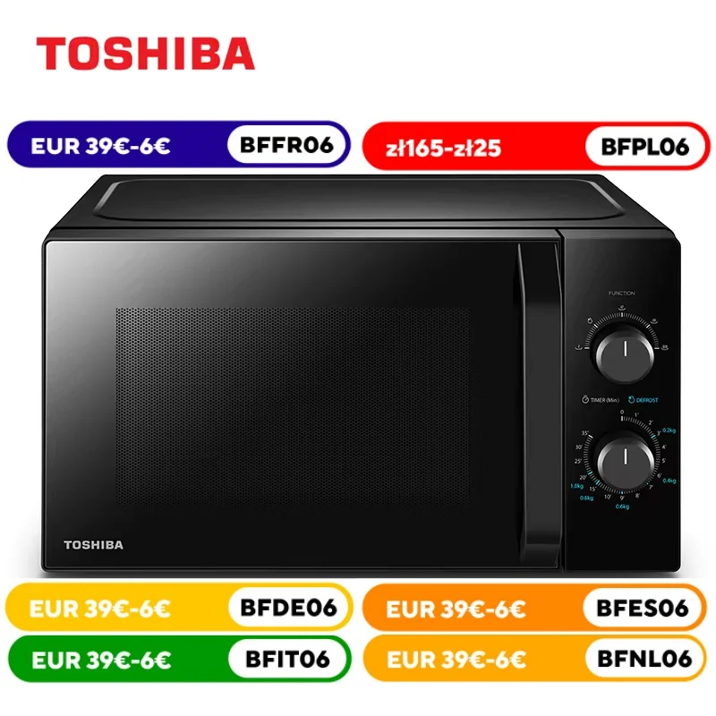 Toshiba-horno microondas MW2-MM20P(BK), 20 l, 800 W, 5 niveles de potencia con función de descongelación práctica, iluminación LED en I