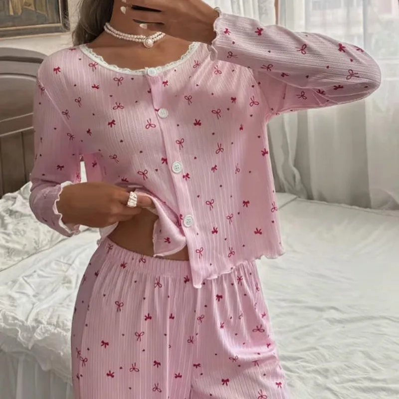 spring-and-summer-new-lace-edge-single-breasted-printed-loungewear-two-piece-set-women's-casual-pajamas-set