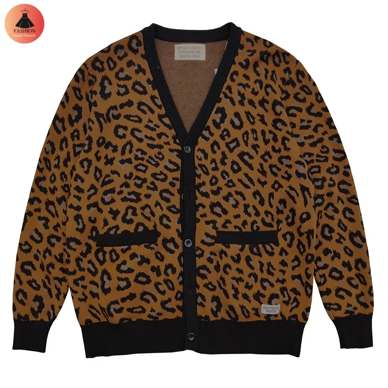 Fashion Winter Leopard WACKO Sweater Street Vintage Crew Neck V-Neck Mens Womens Knitwear Pullover With Tags