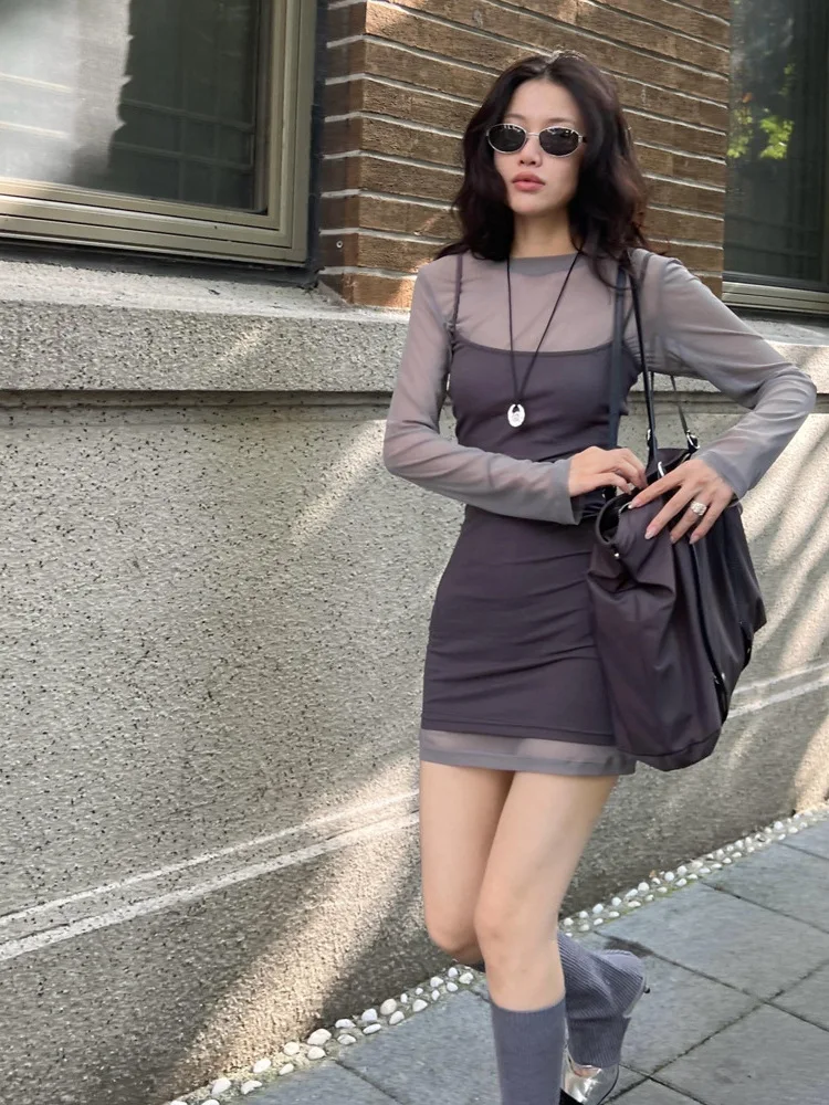 College Sle Me Débardeur et jupe ort Ensemble deux pièces T-shirt long transparent Sve Slim Fit pour femme Wrap autour de D...