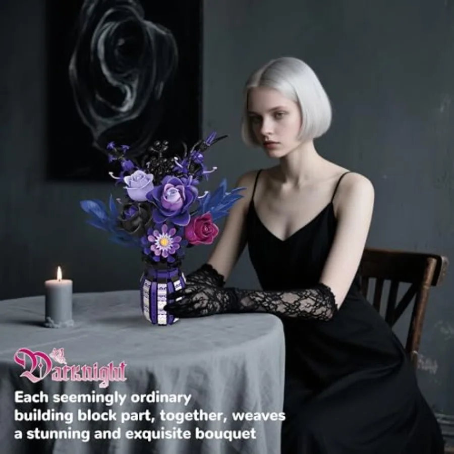 1218 Pieces Gradient Purple Rose Brick Flower Set Handmade Gothic Floral Arrangement with Decorative Vase Dark Aesthetic Interior Display Ornament for Anniversary Wedding Present