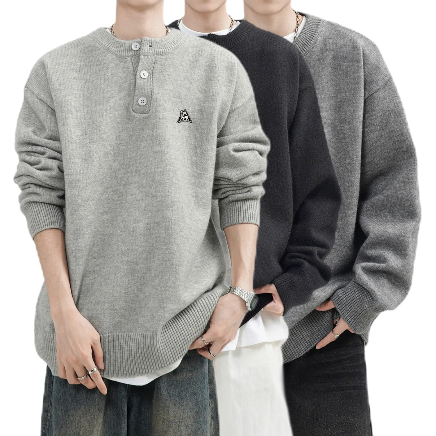 Men Henley Collar Sweater Autumn Winter Retro Lazy Style Solid Color Luxury Knit Pullover Inner Wear