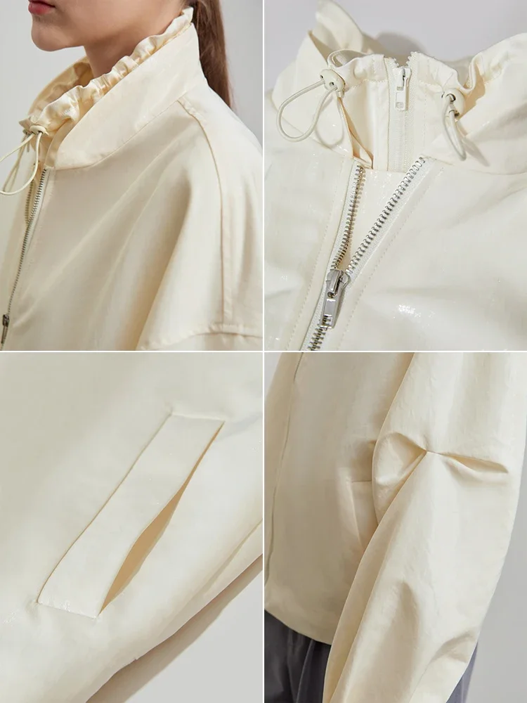 Amii Minimalist Spring Silky Glossy Casual Loose Double Neck Fake Two Piece Shoulder Long Sleeve Zipper Short Jacket 12541059