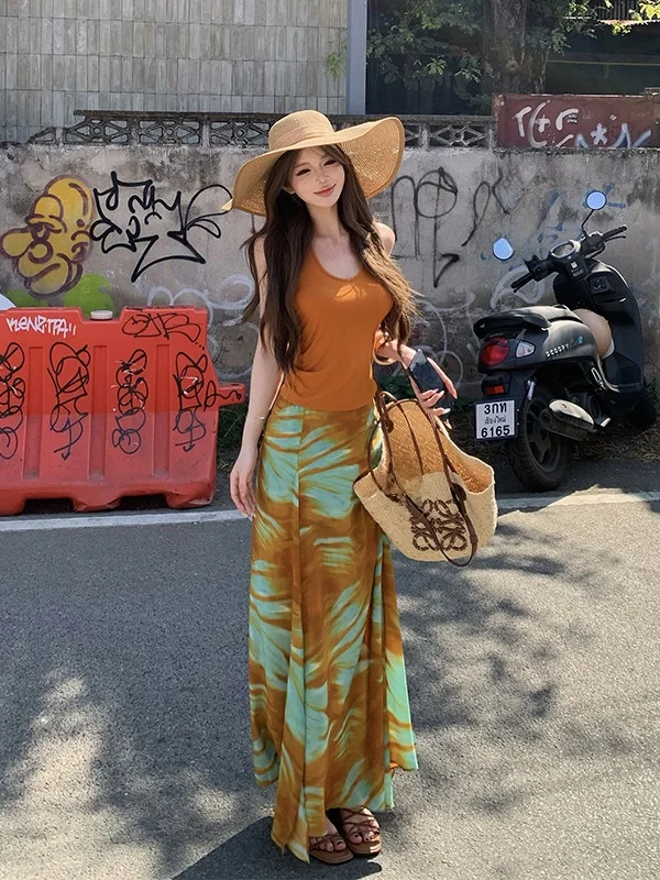 

Summer Beautiful Dopaamine Set Fading Print Half Skirt Slimming Long Dress Holiday Poster V-Neck Sleeveless Commute Style