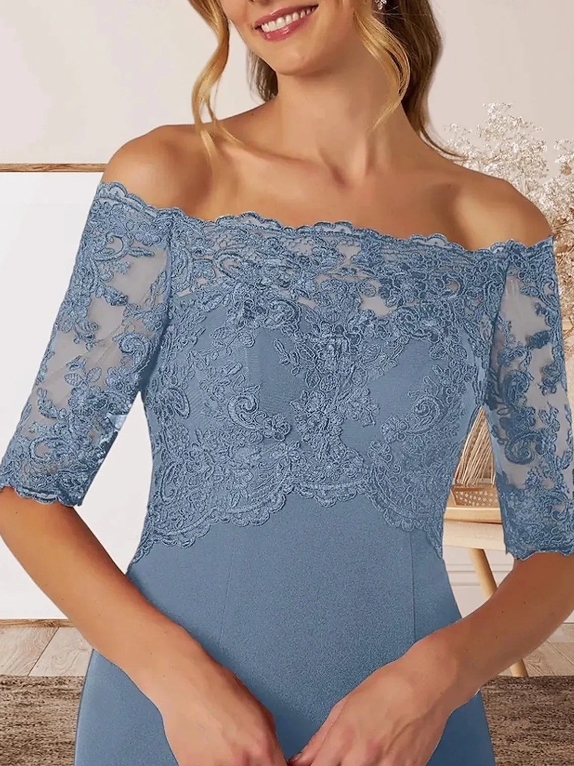 Elegantes schulterfreies A-Linie-Chiffon-Abschlussballkleid, bodenlang, Spitzenverzierung, halbe Ärmel, formelles Kleid 2025, kostenlos individuell angepasst