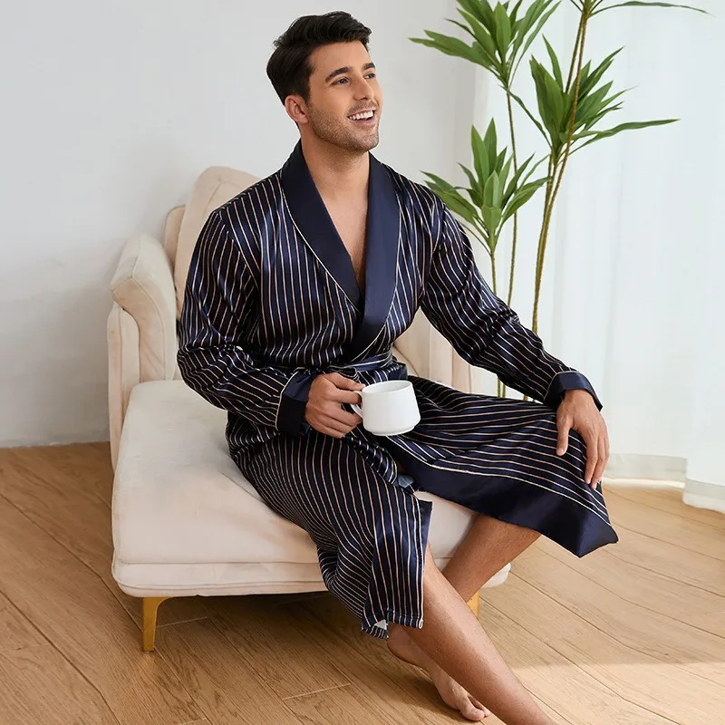 Fashion Robe Men's Stripe Robe Kimono Bathrobe Gown New Long Sleeve Sleepwear Lounge Wear Loose Casual Silky Satin Homewear