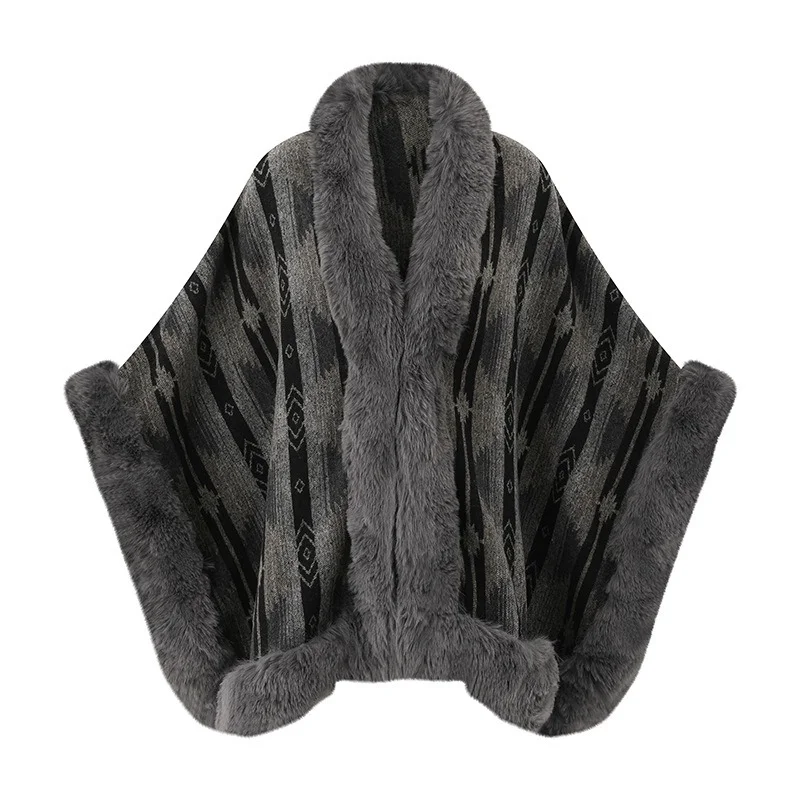 Faux Rabbit Fur Collar Knit Shawl Women Plus Size Loose Split Cape Poncho Warm Outerwear for Fall Winter Daily Wear