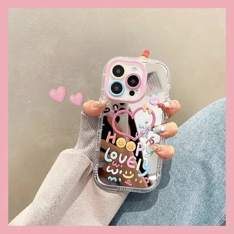 Ins Love Cute English Makeup Mirror Lovely Phone Case For iPhone 17Air 16 Pro Max 15 Plus 14 13 12 11 XS XR Drop-proof Cover Y2k